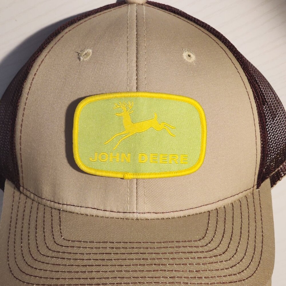 John Deere Patched Khaki/Maroon Mesh Snapback Trucker Hat
